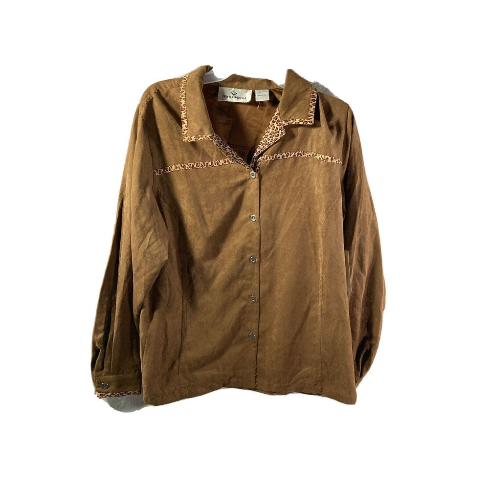 Erin London Shirt Top Womens Large Leopard Button Up Shirt Polyester Brown NWT